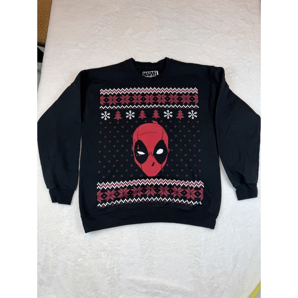Marvel Deadpool Christmas Graphic Crewneck Sweatshirt Medium Black